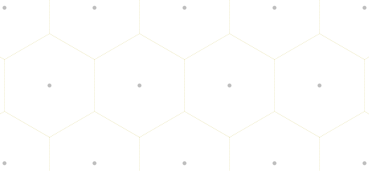 \begin{tikzpicture}[scale=5,dot/.style = {fill,radius=0.02},
latpt/.style = {color=gray!50!white, fill},]
\coordinate (astar) at (1,0);
\coordinate (bstar) at (0.5,0.8660254037844386);
\clip ($-0.1*(bstar)$) rectangle ($3*(astar)+2.1*(bstar)$);
%
\coordinate (C1) at ($0.3333*(astar)+0.3333*(bstar)$);
\coordinate (C2) at ($-0.3333*(astar)+0.6667*(bstar)$);
\coordinate (C3) at ($-0.6667*(astar)+0.3333*(bstar)$);
\coordinate (C4) at ($-0.3333*(astar)-0.3333*(bstar)$);
\coordinate (C5) at ($0.3333*(astar)-0.6667*(bstar)$);
\coordinate (C6) at ($0.6667*(astar)-0.3333*(bstar)$);
%
\foreach \h in {-1,...,6}{
\foreach \k in {-1,...,3}{
  \draw[latpt] ($\h*(astar) + \k*(bstar)$) circle[dot];
  \draw[color=yellow!75!black,dotted] ($\h*(astar)+\k*(bstar)$) +(C1)
    -- +(C2) -- +(C3) -- +(C4) -- +(C5) -- +(C6) -- cycle;
}}
%
\end{tikzpicture}